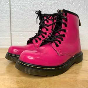 Dr. Martens Delaney Boot Pink Black Lace Up Side Patent Leather Boots